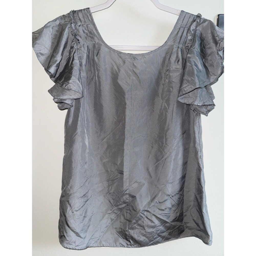 Banana Republic 100% Silk Silver Grey Flutter Sleeve Ruffle Top Small - Picture 5 of 8
